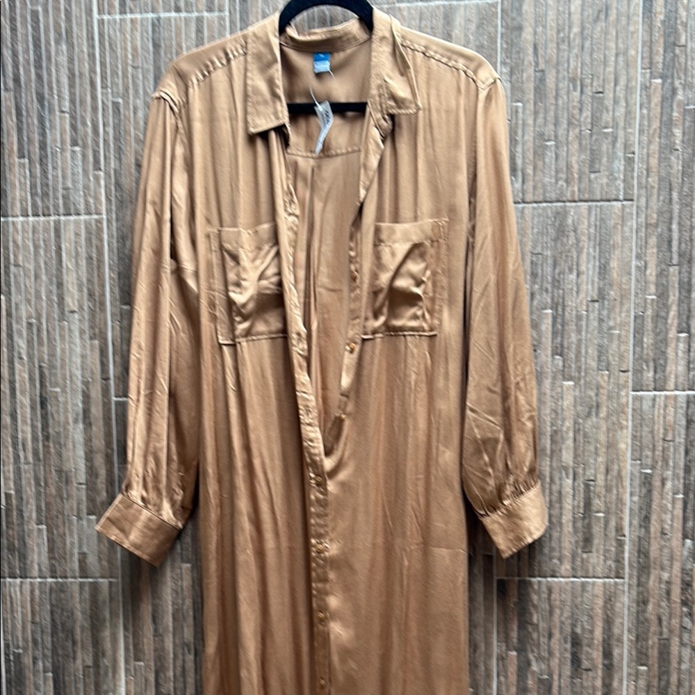 Old Navy Tan, satiny maxi shirt dress NWT